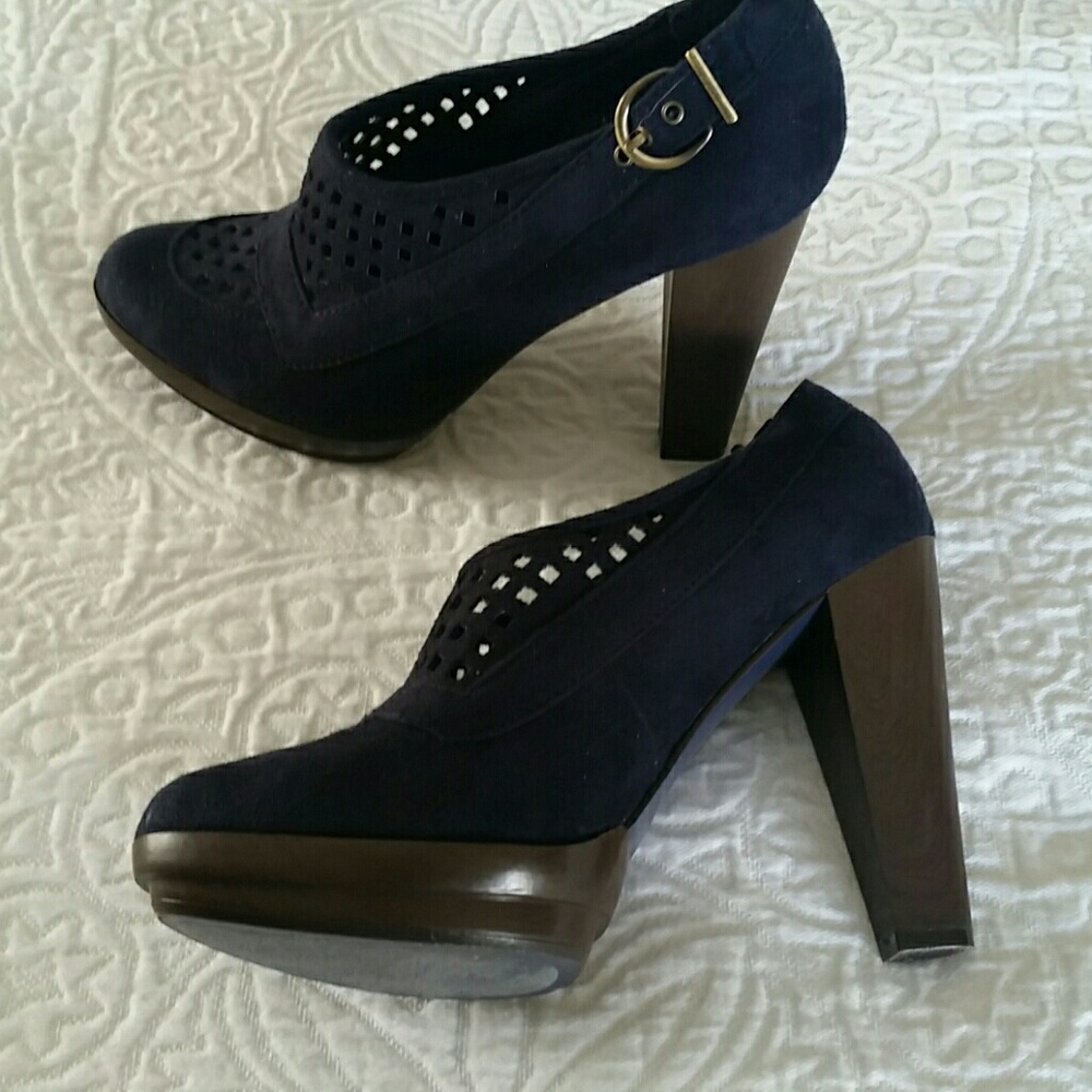 Navy Suede Platform Block Heel Pumps